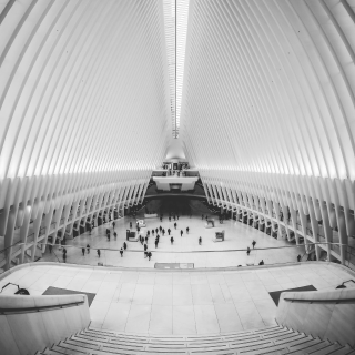 Busy station or hall in black and white fisheye view, with arches on each side, stairs in front, and people walking around